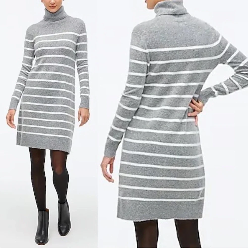 J. Crew Heather Gray and White Striped Knit Turtleneck Sweater Dress size Large